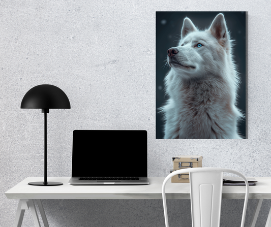 Frost Guardian: Azure-Eyed Arctic Wolf Portrait - Premium Metal Poster