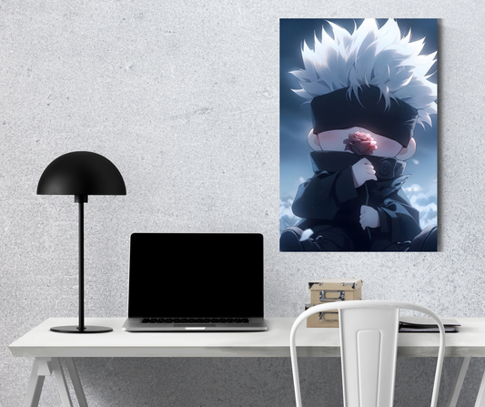 Blossom of Infinity: Chibi Gojo Satoru & Rose - Premium Metal Poster