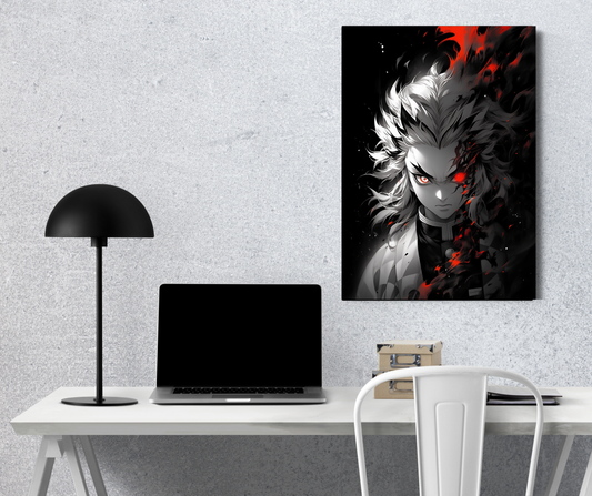 Blazing Soul: Rengoku Kyojuro Monochrome Ember - Premium Metal Poster