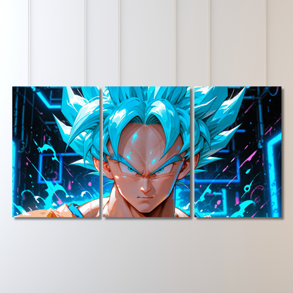 Goku: Azure Saiyan Power: 3-Panel Neon Blue Warrior - Premium Metal Poster