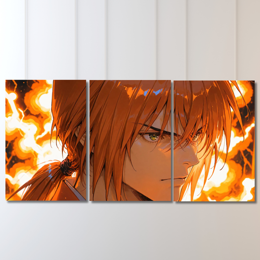 Inferno Samurai: 3-Panel Blazing Spirit Anime - Premium Metal Poster
