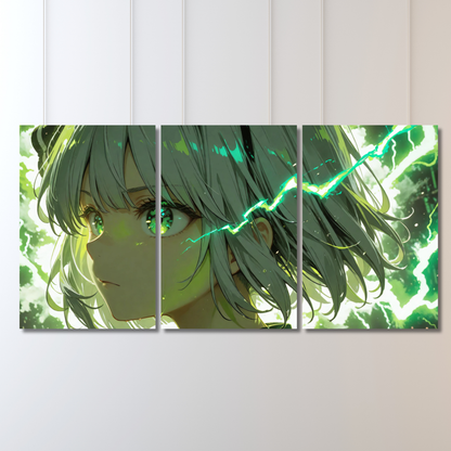 Electric Emerald: 3-Panel Bolt Anime - Premium Metal Poster