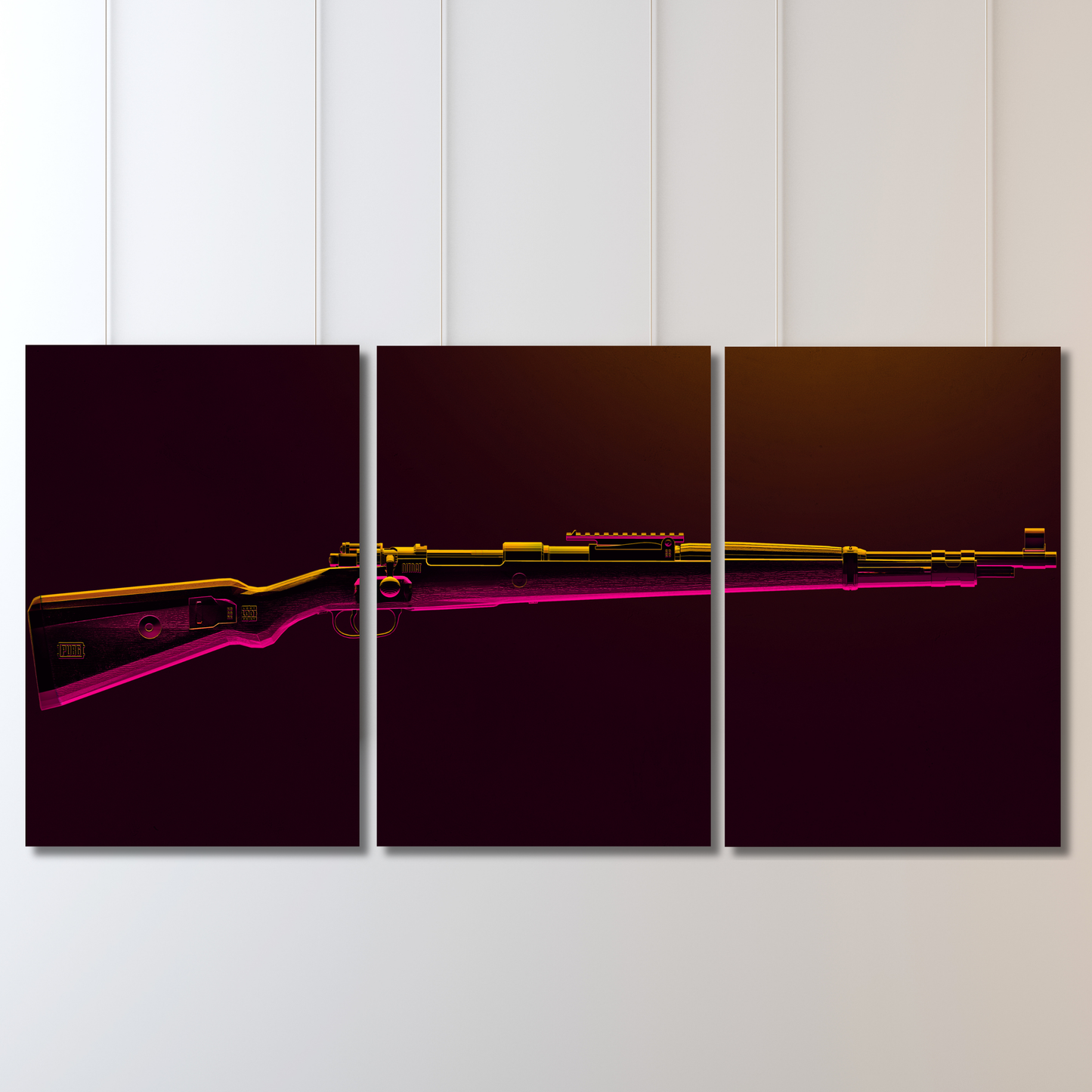 Kar98 Cyber-Glow: 3-Panel Neon Tactical Wall - Premium Metal Poster