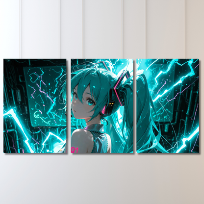 Cyber Diva Pulse: Hatsune Miku Neon Electric Triptych - Premium Metal Poster