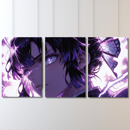 Insect Hashira’s Grace: Shinobu Kocho Purple Butterfly Triptych - Premium Metal Poster