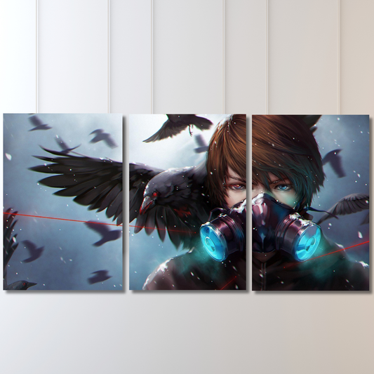 Crow Protocol: 3-Panel Cyber-Gothic Anime - Premium Metal Poster