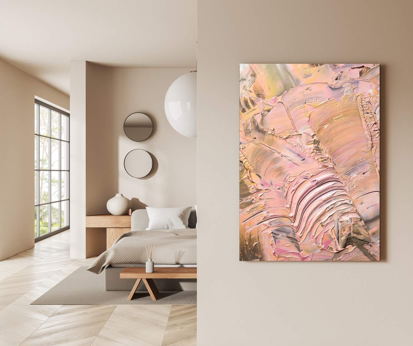 "Pastel Flow: Soft Peach Impasto Abstract Metal Poster" - Premium Metal Poster