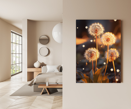Golden Whisper: Ethereal Dandelion Sunset Bloom - Premium Metal Poster