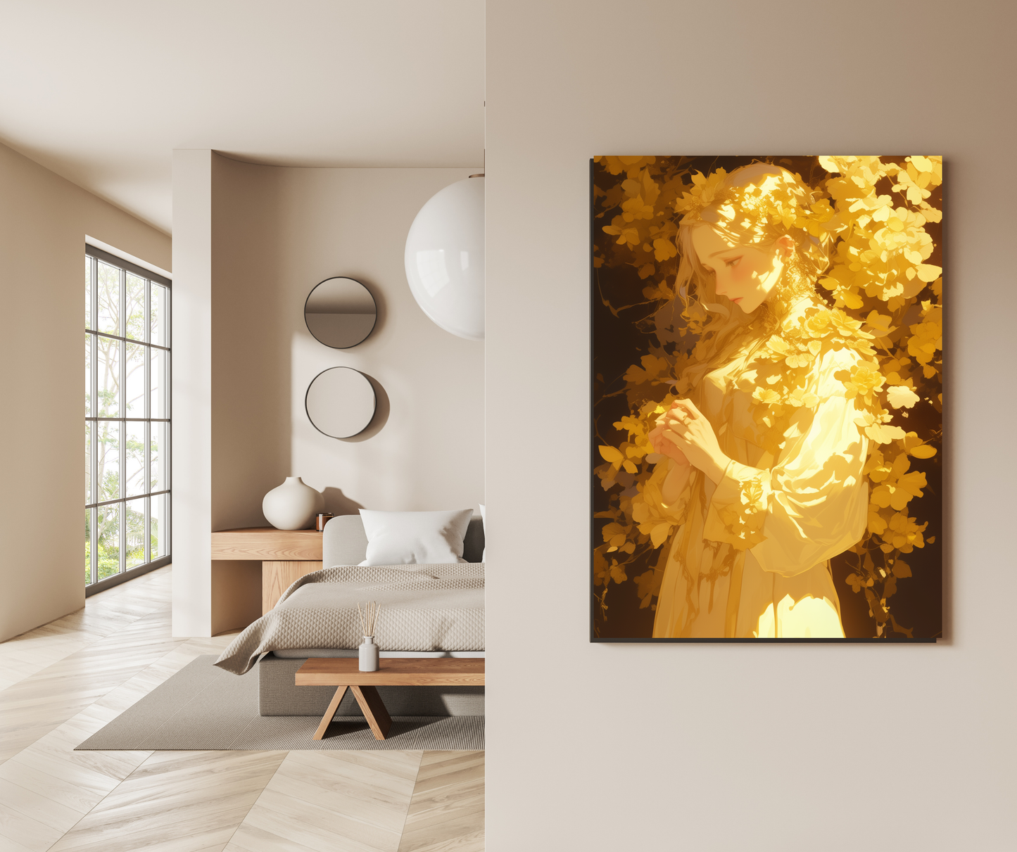 Golden Muse: Sunlight & Blossom Ethereal Portrait - Premium Metal Poster