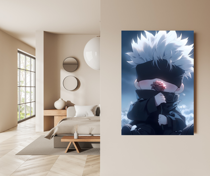 Blossom of Infinity: Chibi Gojo Satoru & Rose - Premium Metal Poster