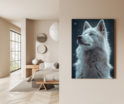 Frost Guardian: Azure-Eyed Arctic Wolf Portrait - Premium Metal Poster