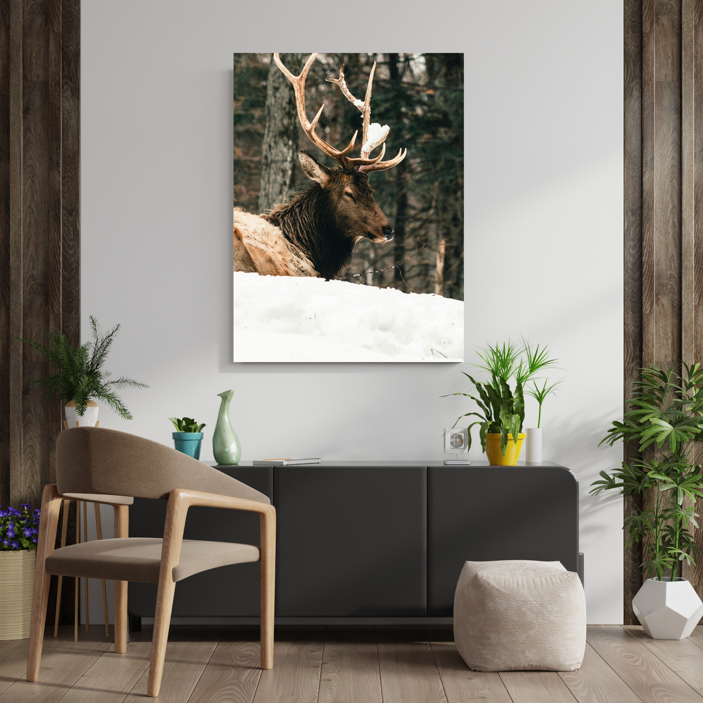 "Winter King: Majestic Elk in Snow" - Premium Metal Poster