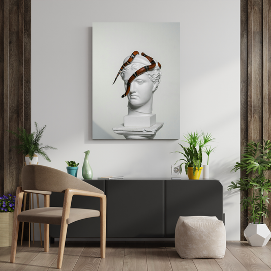 "Serpent's Muse: Surreal Marble Sculpture Metal Poster" - Premium Metal Poster