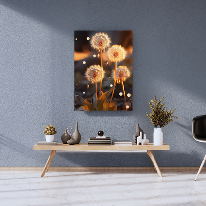 Golden Whisper: Ethereal Dandelion Sunset Bloom - Premium Metal Poster