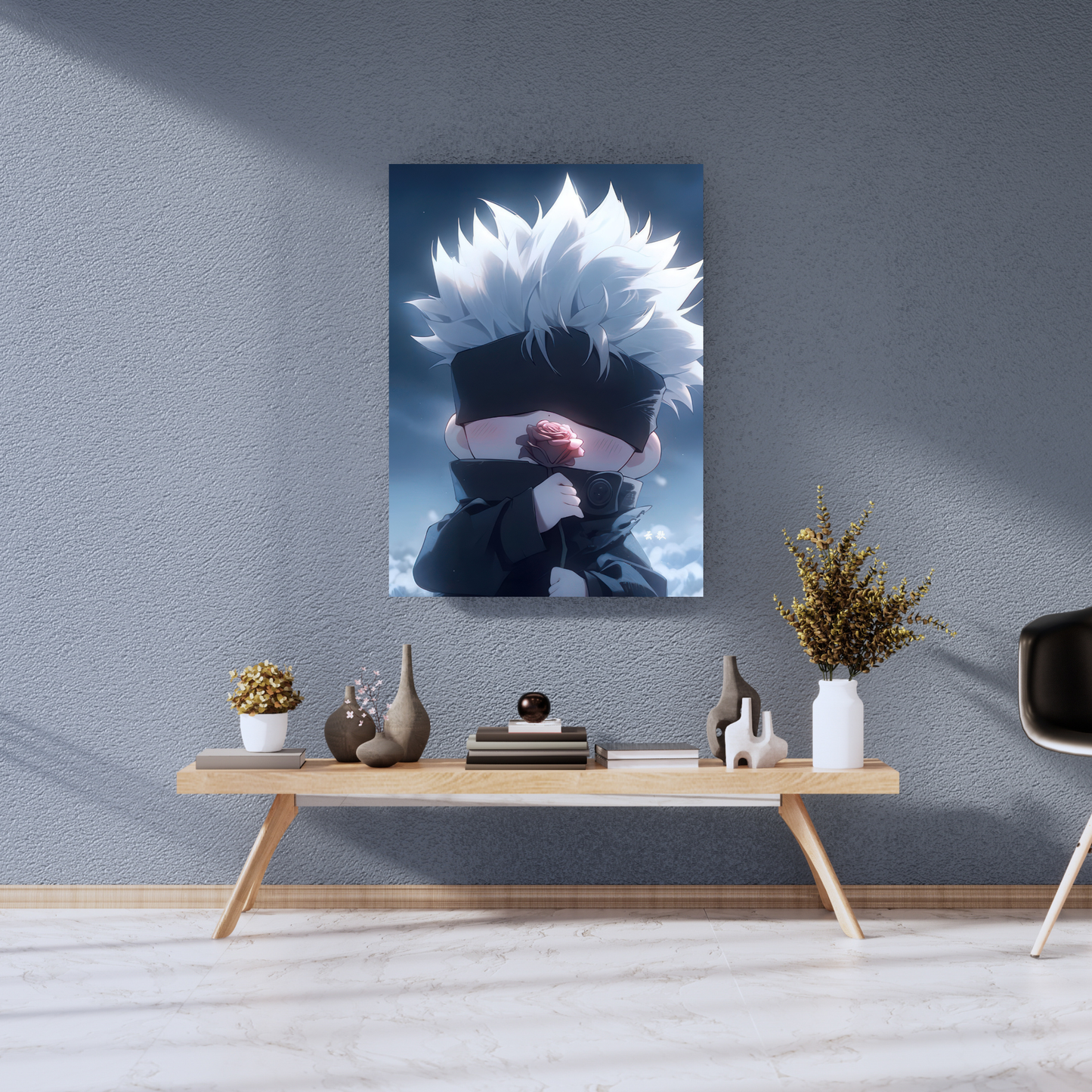 Blossom of Infinity: Chibi Gojo Satoru & Rose - Premium Metal Poster