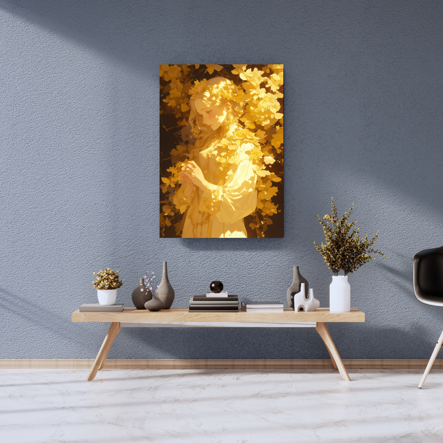 Golden Muse: Sunlight & Blossom Ethereal Portrait - Premium Metal Poster
