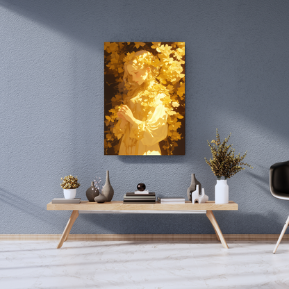Golden Muse: Sunlight & Blossom Ethereal Portrait - Premium Metal Poster