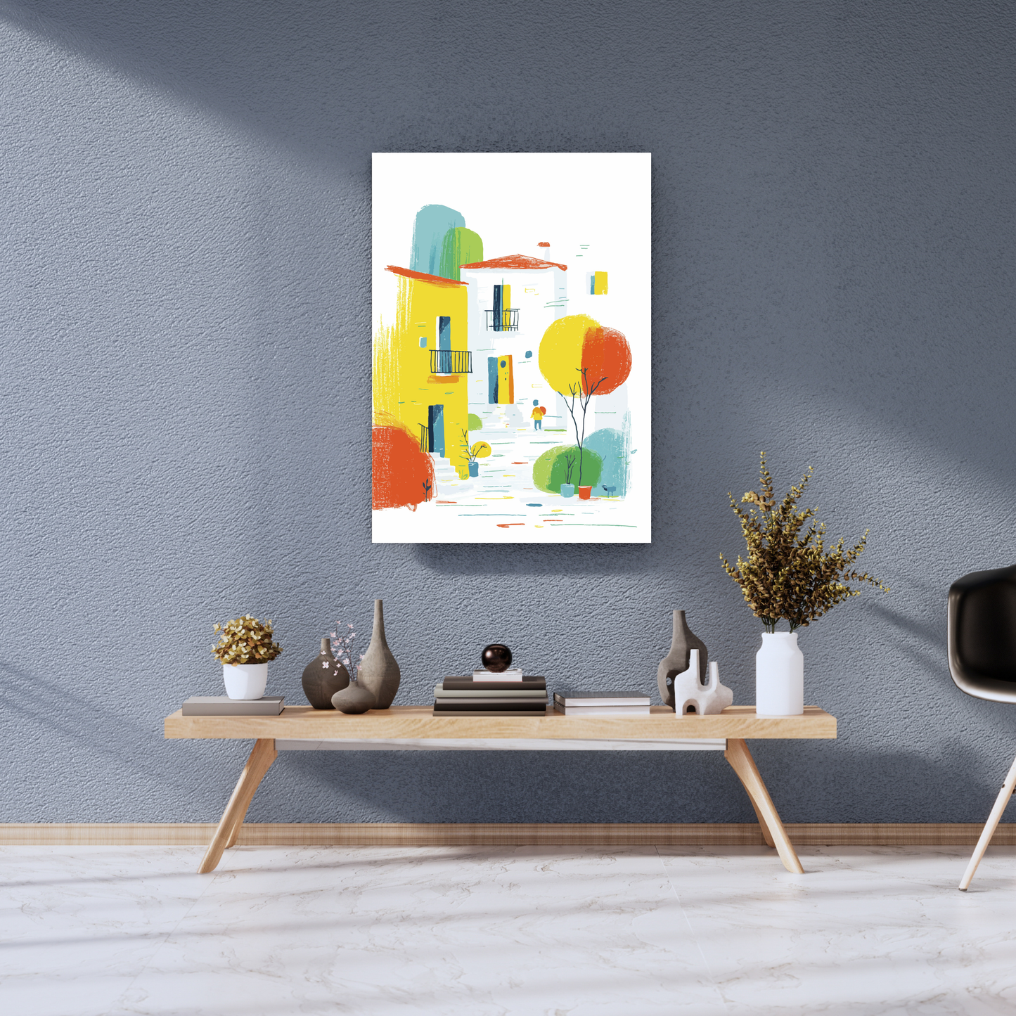 The Colorful Serenity of a Sunlit Town - Premium Metal Poster