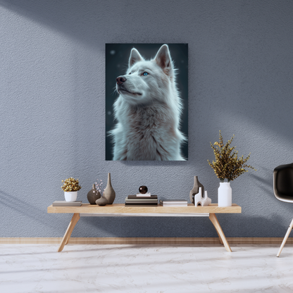 Frost Guardian: Azure-Eyed Arctic Wolf Portrait - Premium Metal Poster