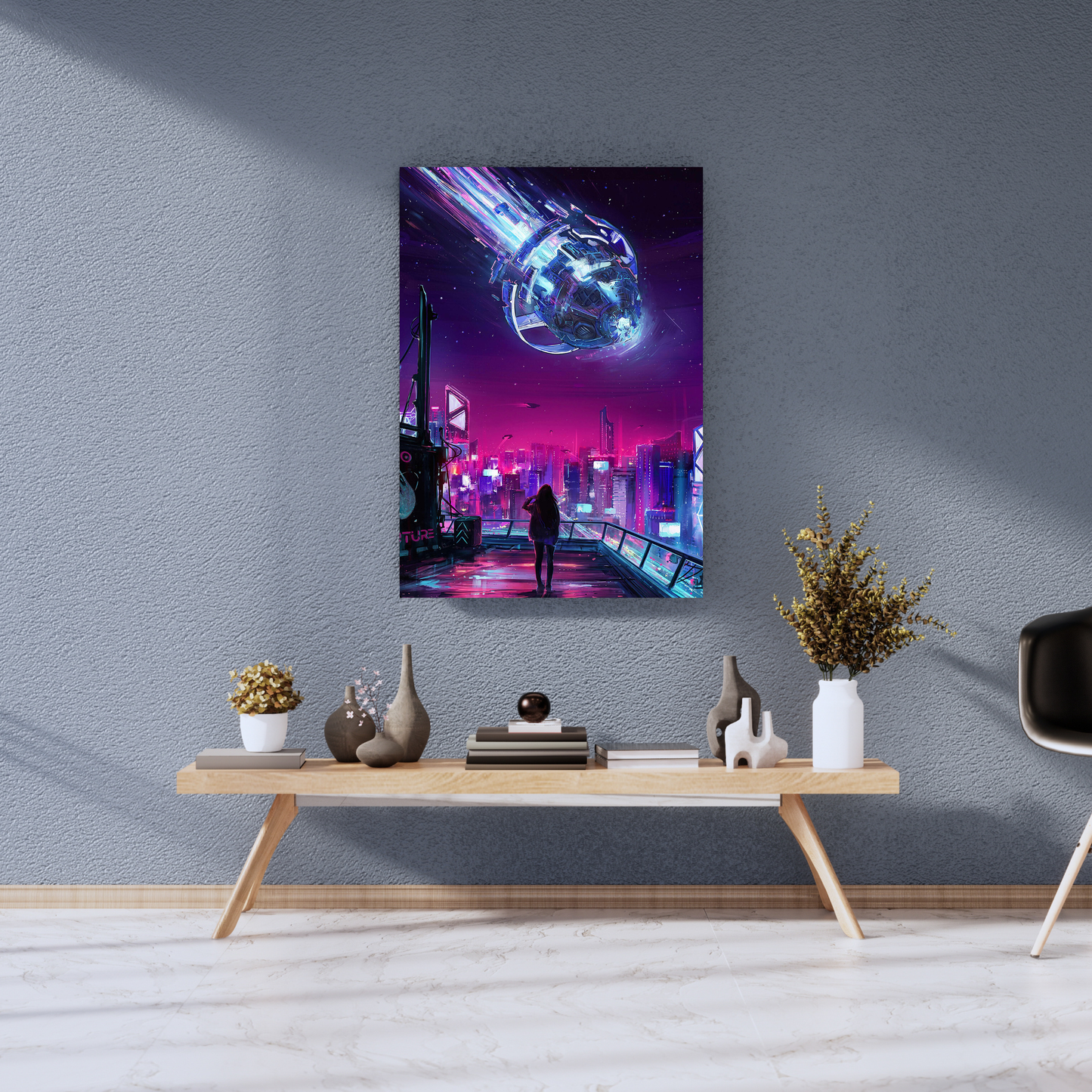 "Neon Descent: Futuristic Cyberpunk Skyline" - Premium Metal Poster