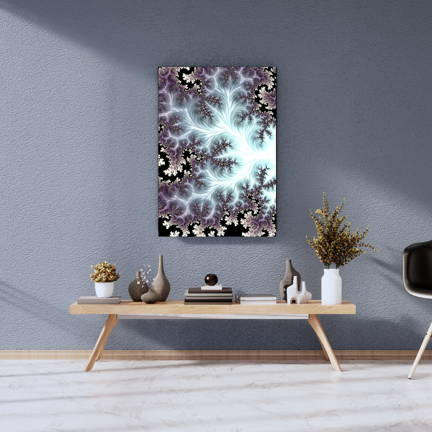 Ethereal Frost: Violet & Silver Fractal Bloom - Premium Metal Poster