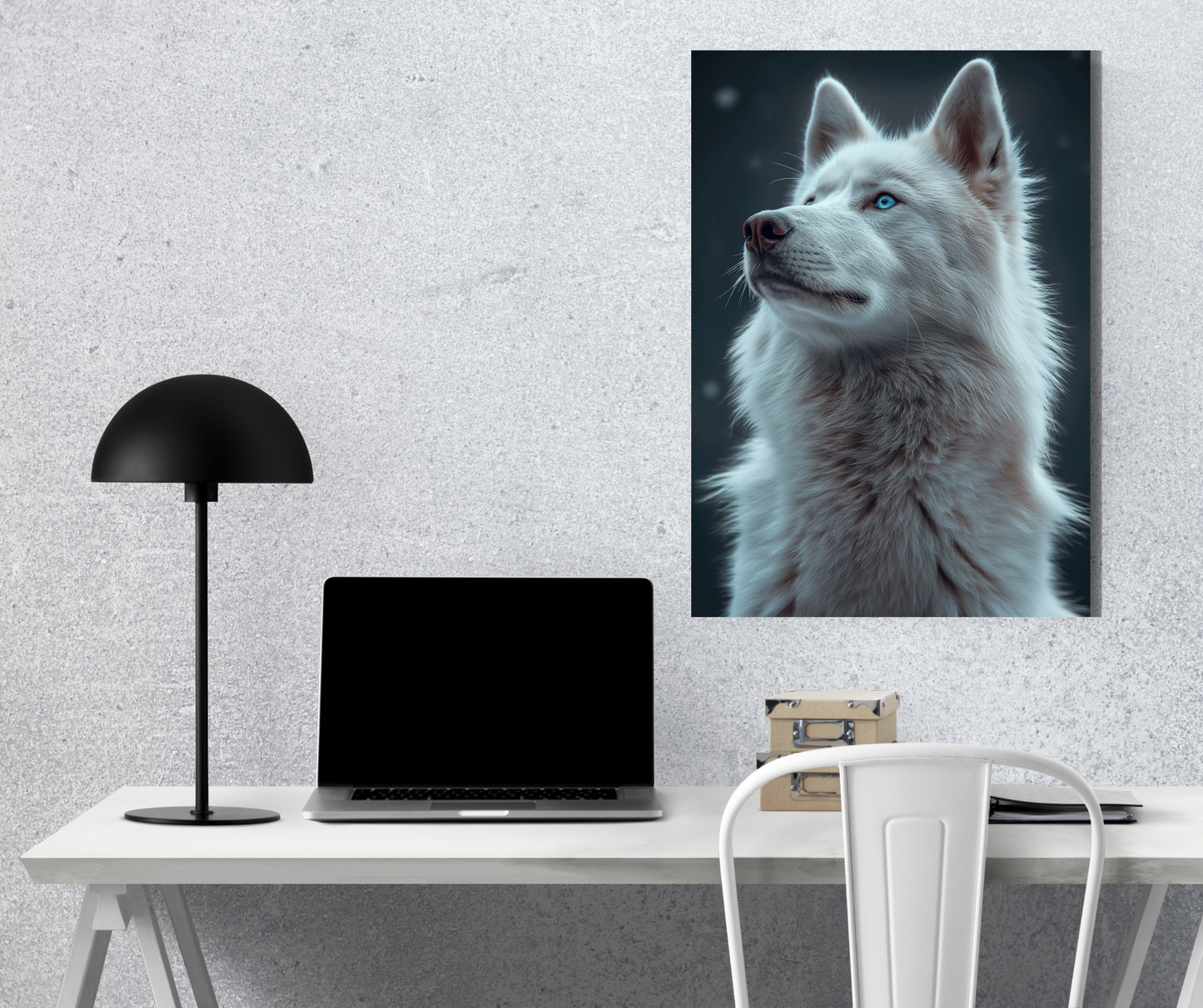 Frost Guardian: Azure-Eyed Arctic Wolf Portrait - Premium Metal Poster