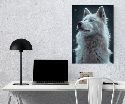 Frost Guardian: Azure-Eyed Arctic Wolf Portrait - Premium Metal Poster