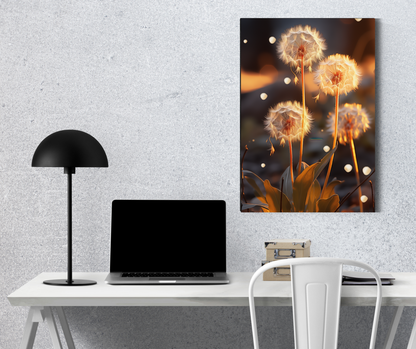 Golden Whisper: Ethereal Dandelion Sunset Bloom - Premium Metal Poster