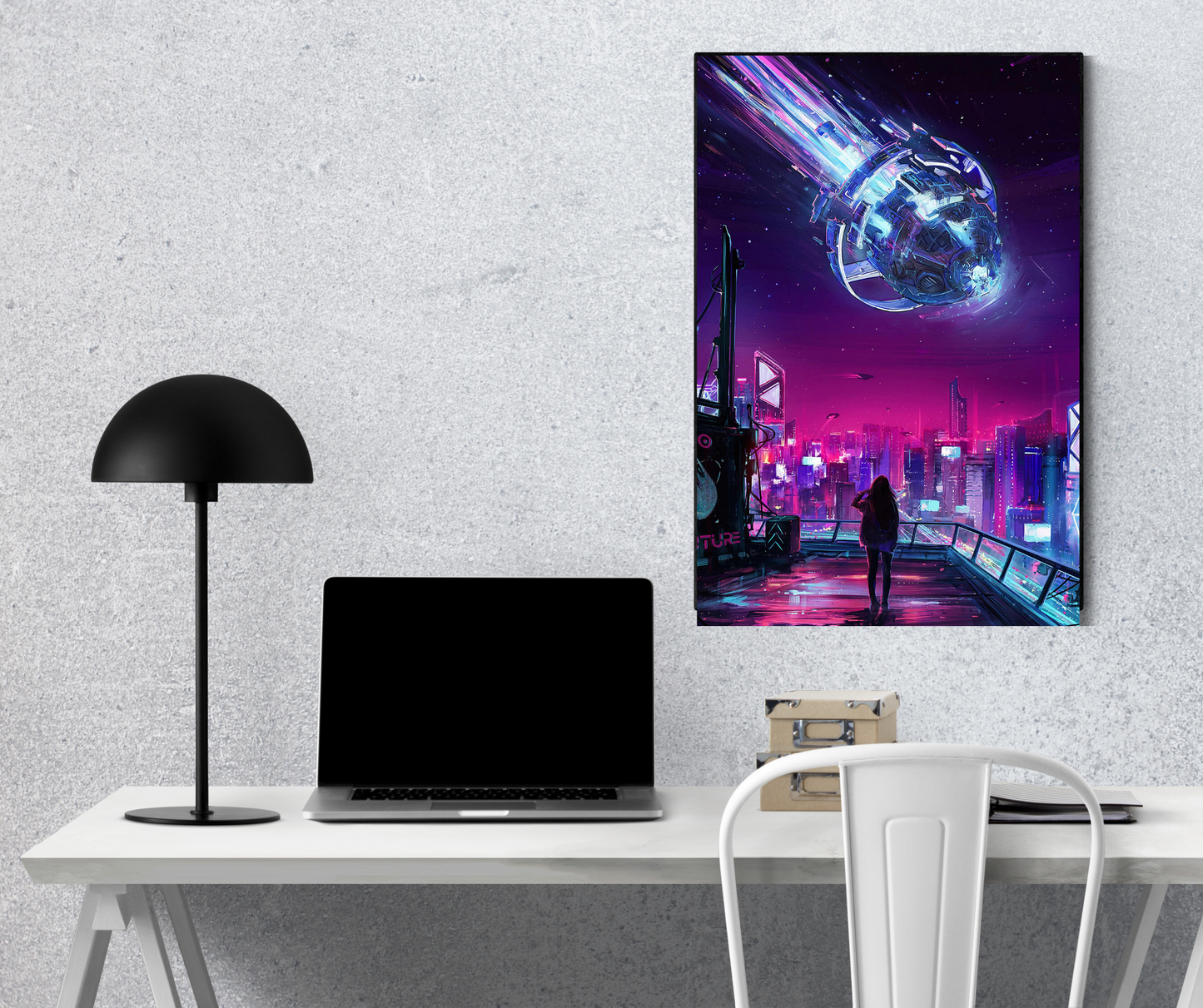 "Neon Descent: Futuristic Cyberpunk Skyline" - Premium Metal Poster
