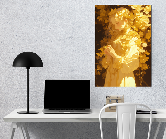 Golden Muse: Sunlight & Blossom Ethereal Portrait - Premium Metal Poster