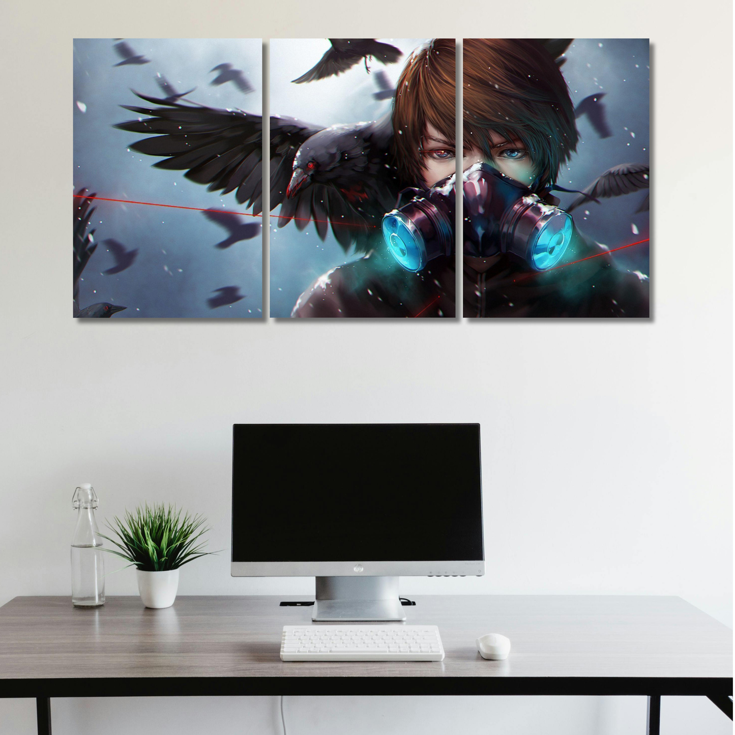 Crow Protocol: 3-Panel Cyber-Gothic Anime - Premium Metal Poster