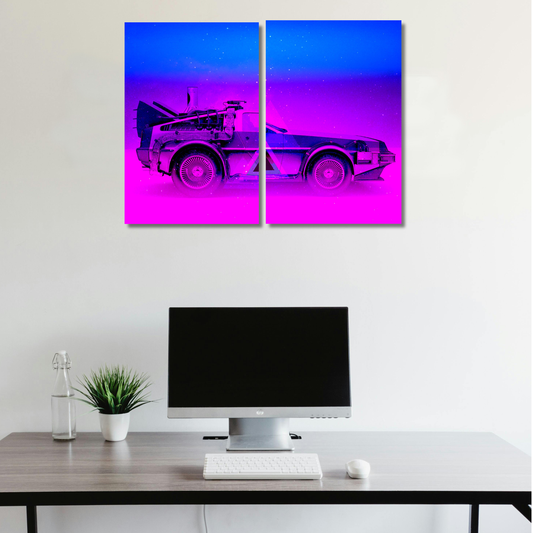 Outatime: Synthwave DeLorean Time-Machine Split - Premium Metal Poster