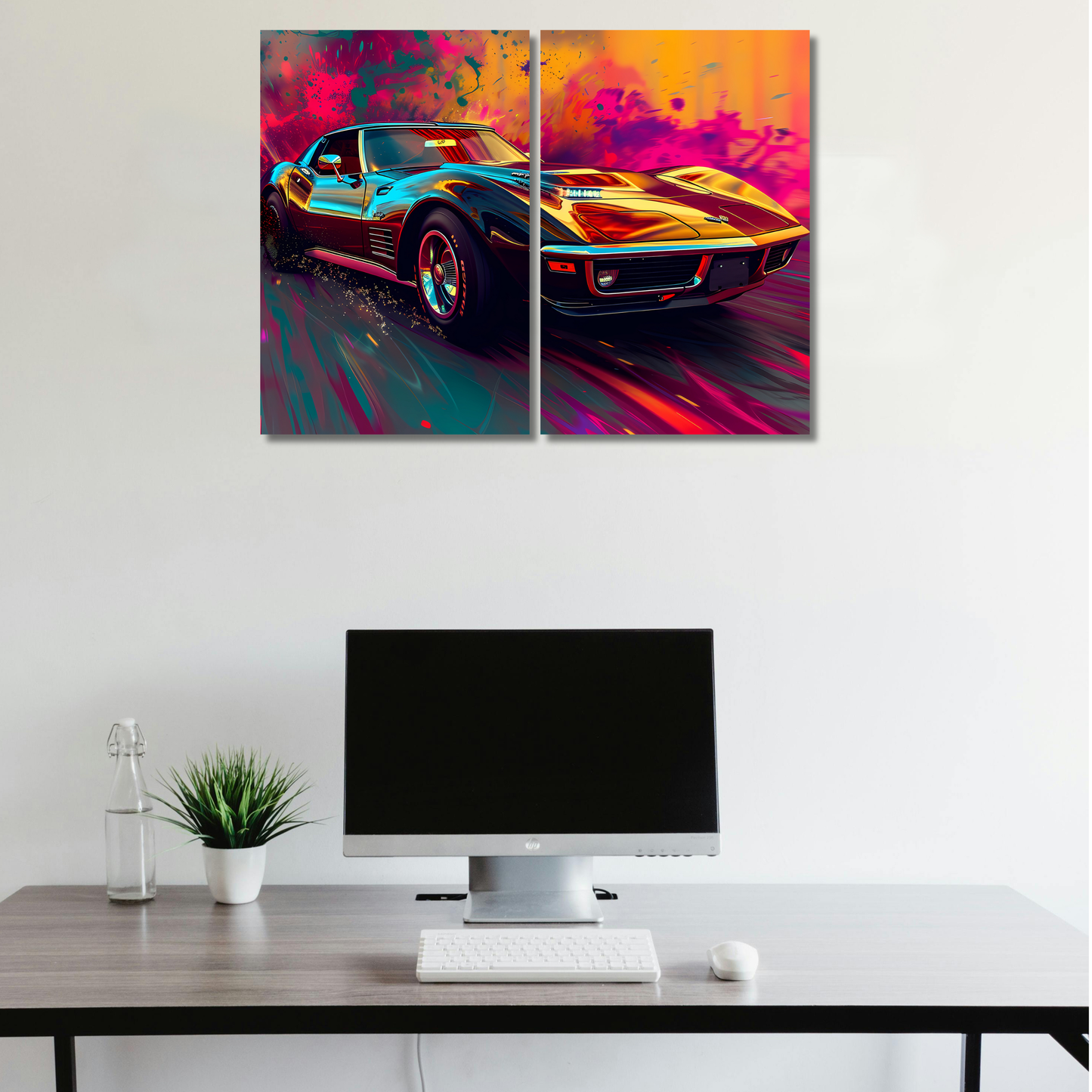 Retro Speedster: Vibrant Neon Abstract Muscle Car Canvas - Premium Metal Poster