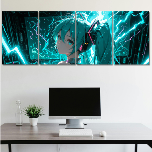 "Cyan Cyber-Pulse: Hatsune Miku Inspired Tech-Anime Canvas" - Premium Metal Poster