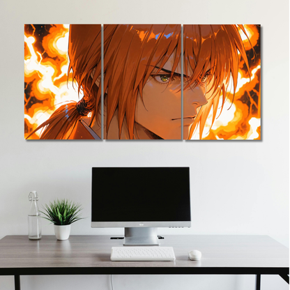Inferno Samurai: 3-Panel Blazing Spirit Anime - Premium Metal Poster