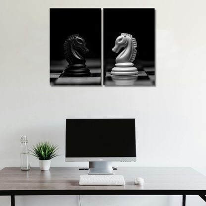 Monochrome Knight Duel: Minimalist Chess Diptych Art - Premium Metal Poster