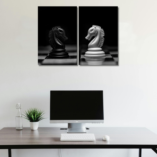 Monochrome Knight Duel: Minimalist Chess Diptych Art - Premium Metal Poster