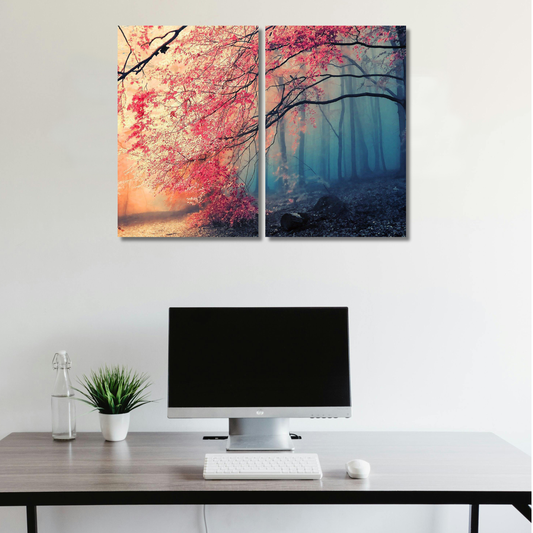 Enchanted Season: Autumn Crimson & Foggy Blue Forest Diptych - Premium Metal Poster
