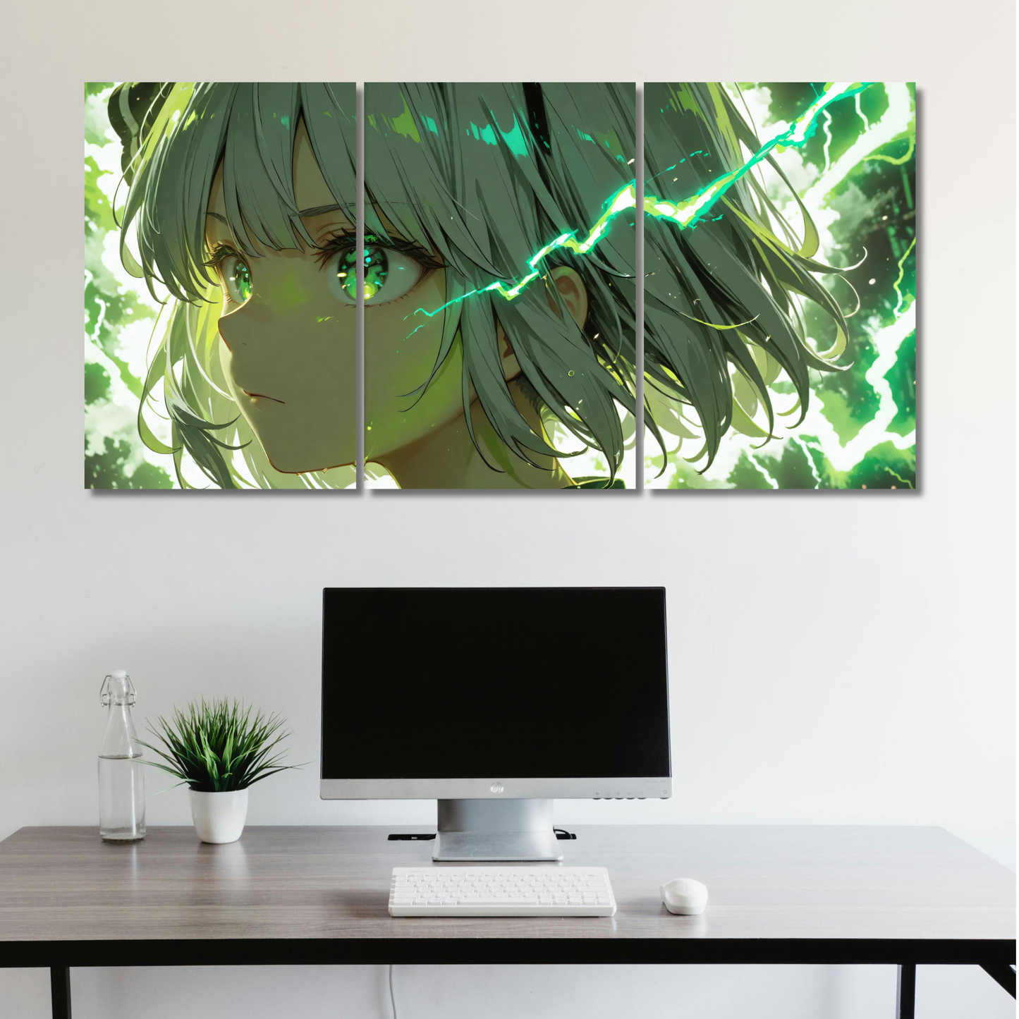 Electric Emerald: 3-Panel Bolt Anime - Premium Metal Poster