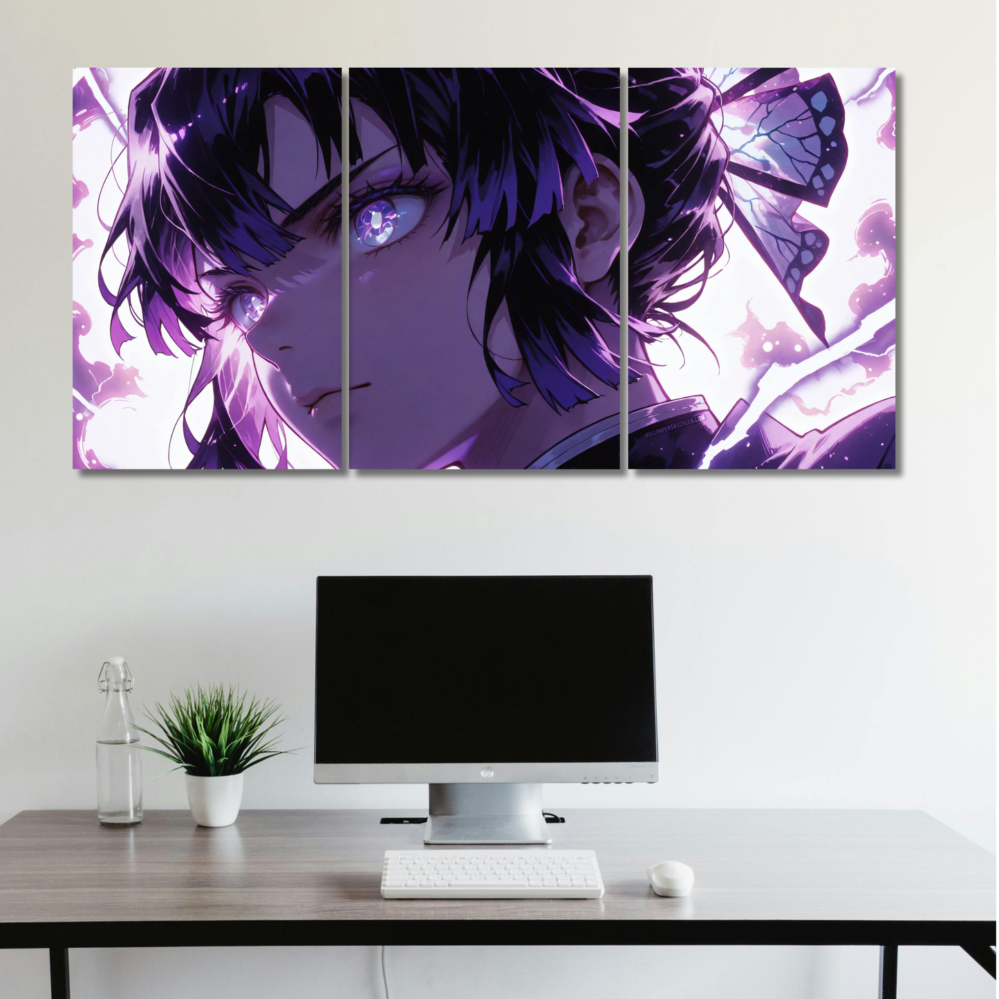 Insect Hashira’s Grace: Shinobu Kocho Purple Butterfly Triptych - Premium Metal Poster