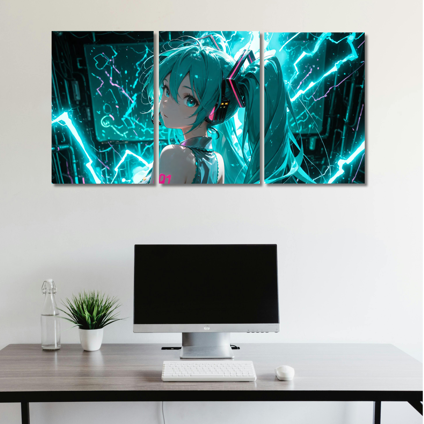 Cyber Diva Pulse: Hatsune Miku Neon Electric Triptych - Premium Metal Poster