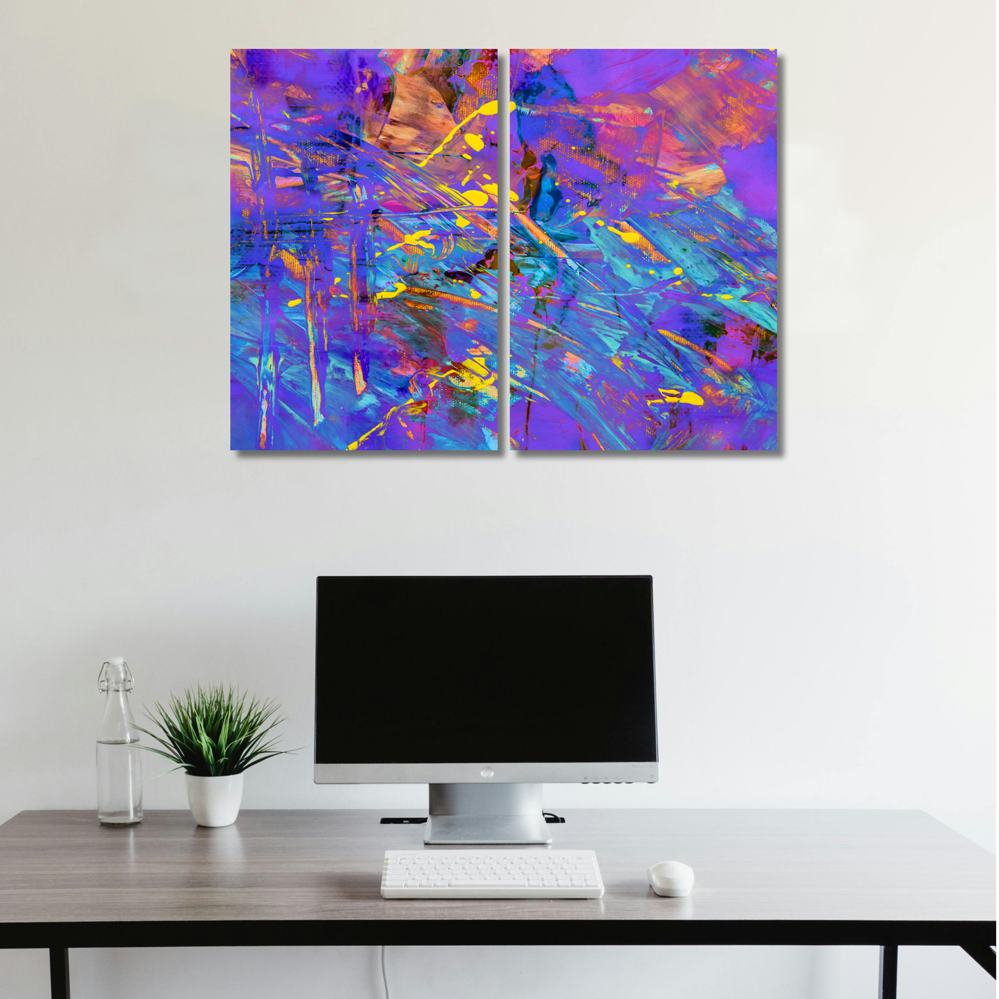 Vibrant Chaos: Purple & Blue Neon Abstract Splatter - Premium Metal Poster