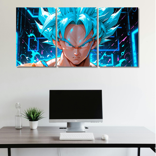 Goku: Azure Saiyan Power: 3-Panel Neon Blue Warrior - Premium Metal Poster