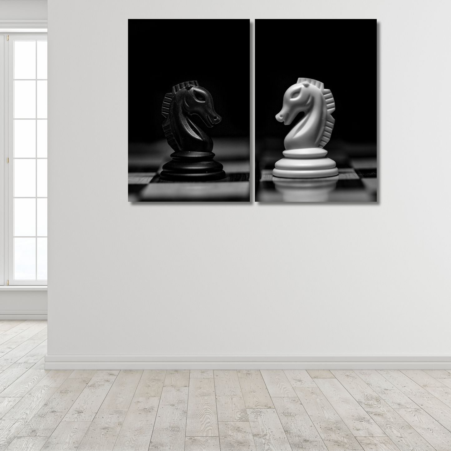 Monochrome Knight Duel: Minimalist Chess Diptych Art - Premium Metal Poster