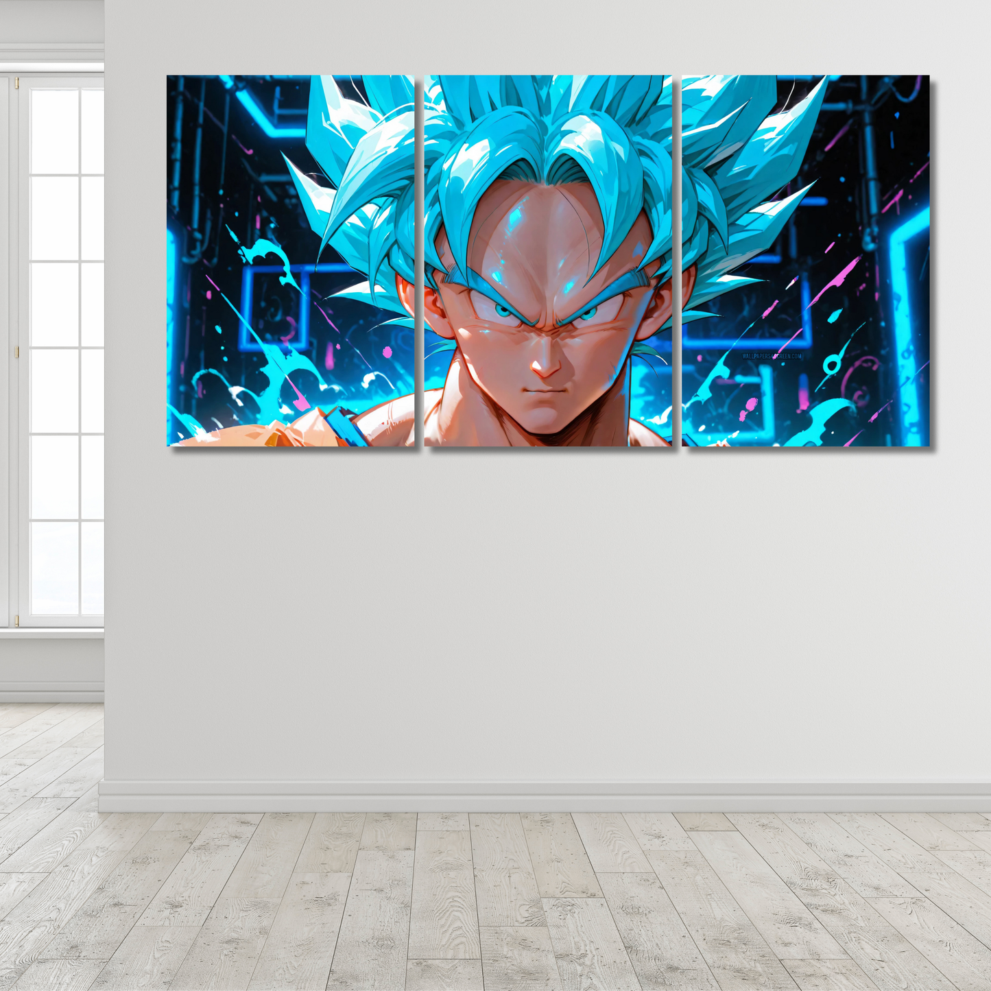 Goku: Azure Saiyan Power: 3-Panel Neon Blue Warrior - Premium Metal Poster