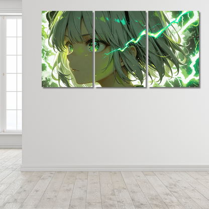 Electric Emerald: 3-Panel Bolt Anime - Premium Metal Poster
