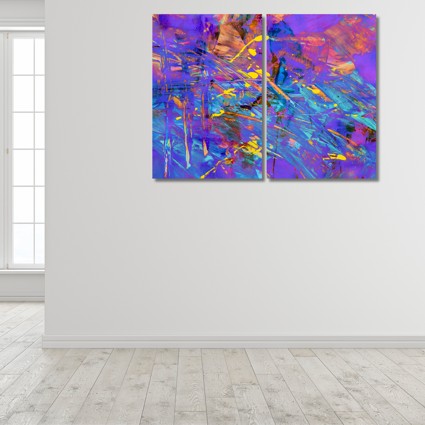 Vibrant Chaos: Purple & Blue Neon Abstract Splatter - Premium Metal Poster