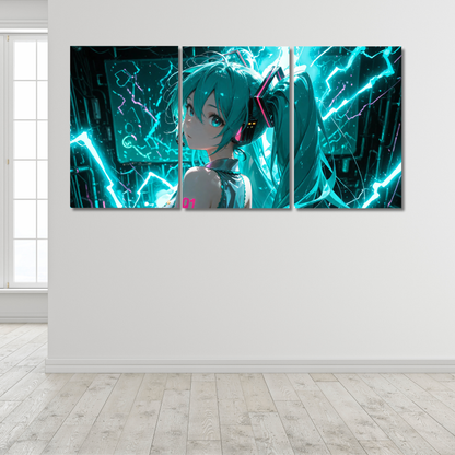 Cyber Diva Pulse: Hatsune Miku Neon Electric Triptych - Premium Metal Poster