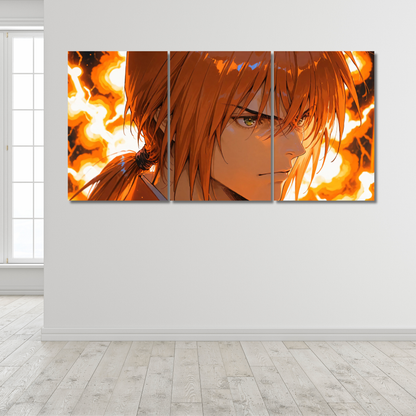 Inferno Samurai: 3-Panel Blazing Spirit Anime - Premium Metal Poster