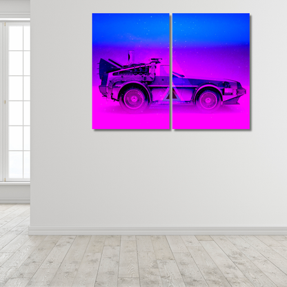 Outatime: Synthwave DeLorean Time-Machine Split - Premium Metal Poster